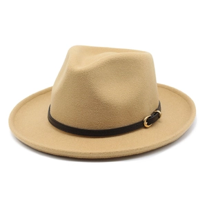 Classic camel wool fedora hat with elegant black leather band and gold metal buckle