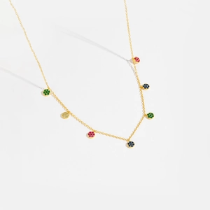 Detailed close-up of S925 silver necklace with seven colorful zircon round pendants
