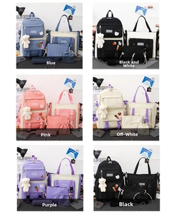 Close-up of the 5-piece canvas backpack set showing diverse color options and badges