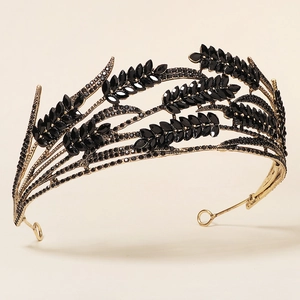 Elegant gold laurel wreath tiara with black rhinestones for bridal weddings and parties