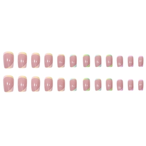 Short square press-on nails with 24pcs nude pink base and colorful rainbow french tips