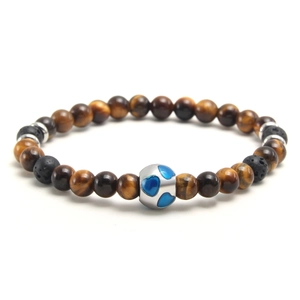 Tiger eye and lava stone beaded bracelet with silver zircon charm and blue heart detail