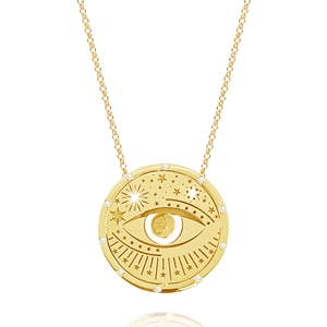 Close-up of gold tarot pendant necklace with star and eye motifs on white background