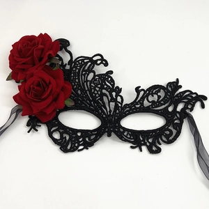 Elegant black lace masquerade mask with dark red roses and silk ribbons for party