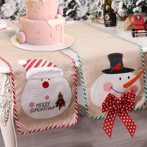 Christmas Table Runner Burlap Linen Look Santa Claus Snowman Pattern Festive Table Decoration For Dining Room Party Home