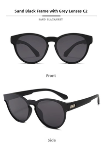 Detail view of sand black round polarized sunglasses with grey lenses and metal trim