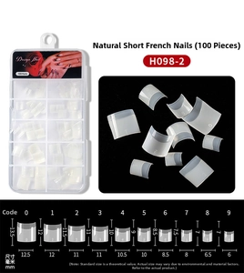 Detailed size chart for short French false nail tips showing width and length in mm