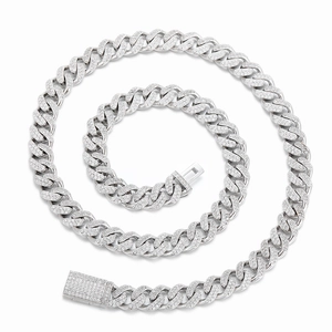 Silver tone 8mm Miami Cuban chain necklace with sparkling zircon pave on white background