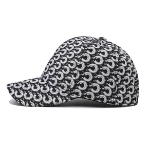 Classic black and white printed baseball cap with carriage logo pattern and curved brim