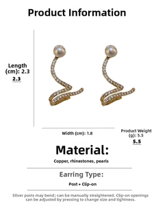 Detailed view of snake-shaped pearl and rhinestone earrings with copper stud and clip design