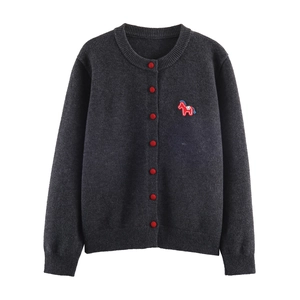 Women Knitted Cardigan Sweater Round Neck Long Sleeve Horse Embroidery Contrast Red Buttons Casual Soft Knitwear