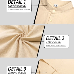 Men's loose linen long sleeve shirt with mandarin collar and beige fabric details