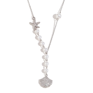 Silver Y-necklace with white pearls, starfish charm, and shell pendant with micro-diamonds