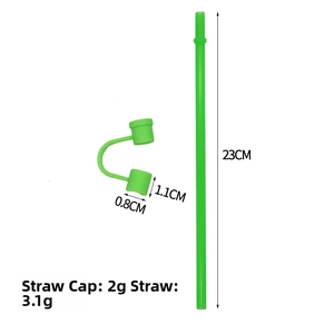 Detail view of 23cm green silicone straw and 1.1cm dust cap with size specifications