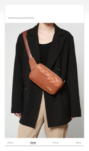 Detail of a brown leather chest bag showing diamond quilted stitching and gold hardware