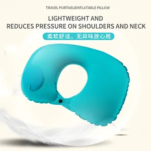 Portable inflatable U-shaped travel pillow with built-in pump and neck support buckle