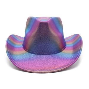 Detailed macro view of holographic rainbow surface on a shiny metallic cowboy hat