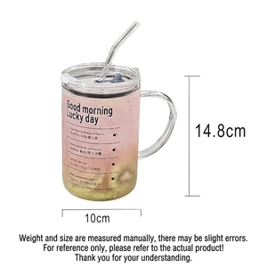 Minimalist high borosilicate glass mug with handle, straw, and time markers, 14.8cm height