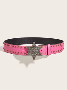 Close-up of pink leather belt with metallic studs and silver sheriff star buckle