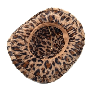 Detail view of leopard print cowboy hat interior with 100% polyester wash label