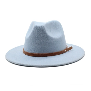 Detail of light blue wool fedora hat with brown faux leather belt and silver rivets