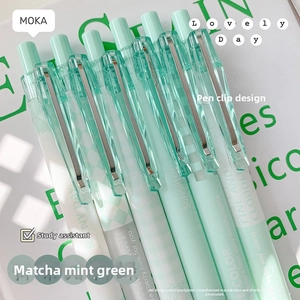 Detail view of mint green retractable gel pens with decorative text and checkered patterns