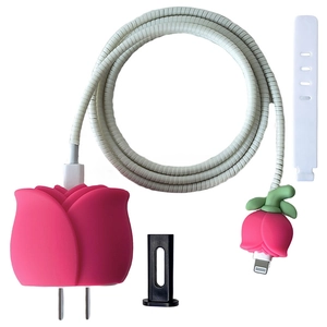 Detail of rose-shaped pink silicone charger protector kit with cable spiral wrap and ties