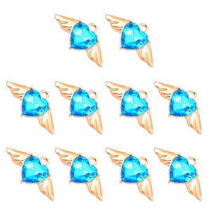 Lot de dix pendentifs cœur en cristal bleu avec ailes dorées pour bijoux DIY créatifs