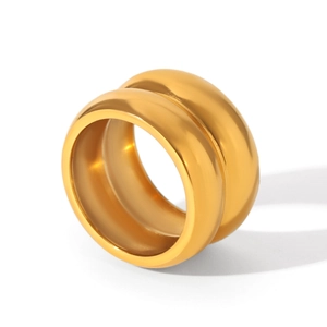 Detail showing the double-layered polished 18K gold stainless steel ring with smooth finish