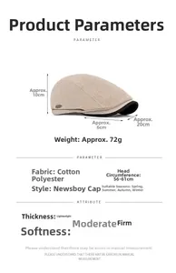 Detail view of beige herringbone newsboy cap with specifications for size and material