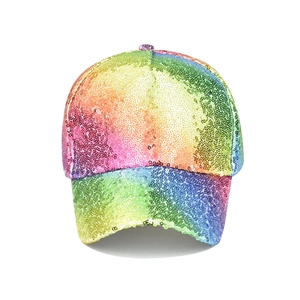 Colorful reversible sequin baseball cap with rainbow gradient and curved brim for street style