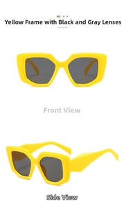 Front and side view of yellow chunky frame sunglasses with dark grey resin lenses