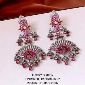 Bohemian Fan Shaped Drop Earrings Copper Zircon Ethnic Dangle Floral With Silver Earring Post For Women Luxury Fashion