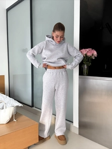 Women's light grey hooded sweatshirt and wide-leg jogger pants lounge set for autumn