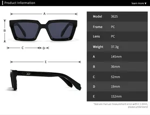 Detailed size chart and technical dimensions for these square PC frame sunglasses