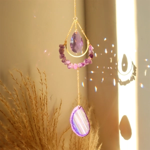 Natural agate and amethyst crystal suncatcher moon prism hanging for windows and cars