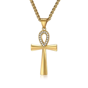 Polished gold Ankh cross necklace for men with crystal embellishments and subtle reflection