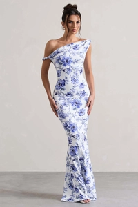 Detailed view of the one-shoulder bodycon fit and blue floral print on the evening dress