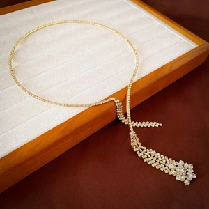 Detailed view of luxury gold tassel necklace with zircon wheat ears in a display box