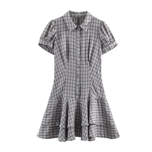 Robe Courte À Carreaux Ourlet À Volants Manches Bouffantes Col Chemise Boutonné Polyester Style Sexy Doux Femmes