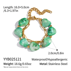Detailed specs of waterproof stainless steel double chain bracelet with green shell stone