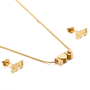 Golden stainless steel jewelry set featuring I LOVE U heart necklace and stud earrings