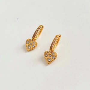 Golden heart drop earrings with sparkling zircon crystals and textured polka dot design