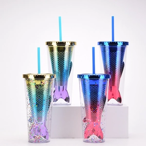 Double-layer gradient mermaid tail straw cup with colorful sequins and blue lid
