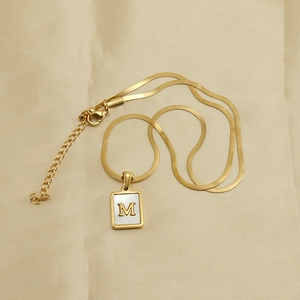 Square shell letter M pendant on gold snake chain necklace for women minimalist style