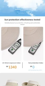 Detail of sun hat showing breathable mesh top and certified 99% UV protection block