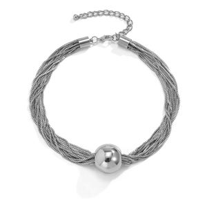Detail of silver multi-strand chain necklace with a large polished ball pendant