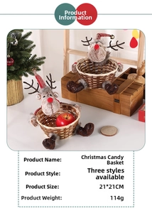 Detail of Christmas reindeer candy basket with soft plush deer and woven basket base