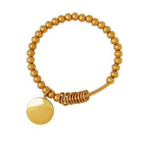 Titanium Steel Beaded Bracelet 18K Gold Plated Engraved Round Tag Pendant Elastic Stretch Fashion Jewelry For Women