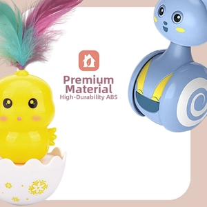 Detail view of ABS cat tumbler toys with colorful feathers and durable construction